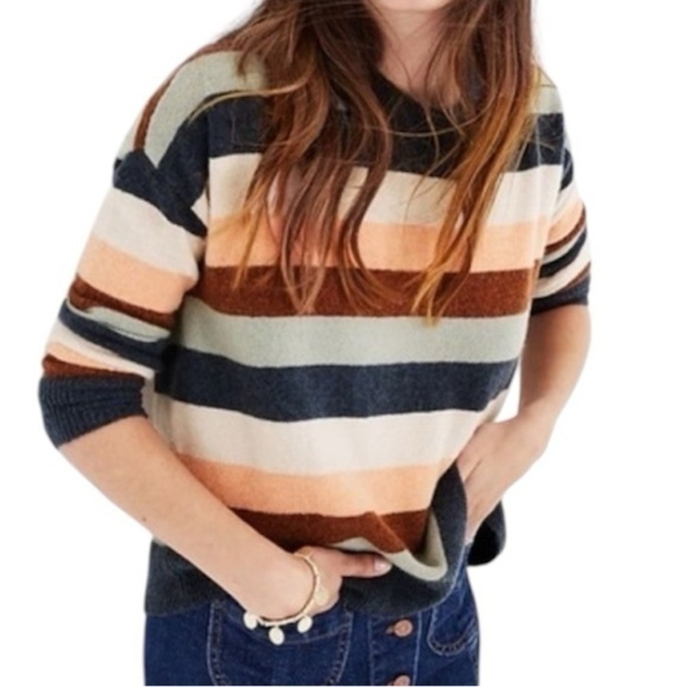 Madewell Pullover Sweater in Elmwood Stripe Orange Blue Size Small Alpaca Wool